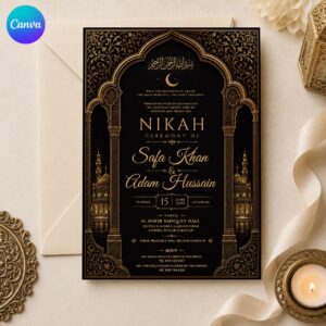 Nikah Invitation Template, Black Gold Islamic Wedding Card, Luxury Arabic Arch Editable Printable Canva Template