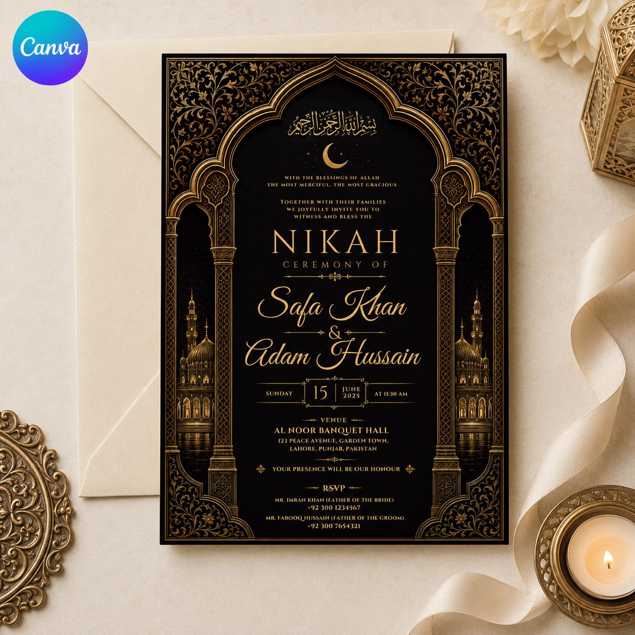 Nikah Invitation Template, Black Gold Islamic Wedding Card, Luxury Arabic Arch Editable Printable Canva Template