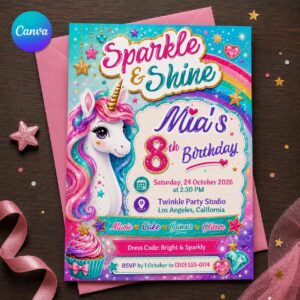 Unicorn 8th Birthday Invitation, Rainbow Sparkle Girl Party Invite, Magical Editable Printable Canva Template