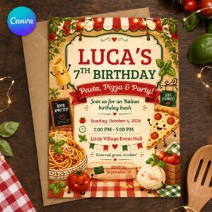 Italian Birthday Invitation, Pasta Pizza Party Invite for Kids, 7th Birthday Dinner Editable Printable Canva Template
