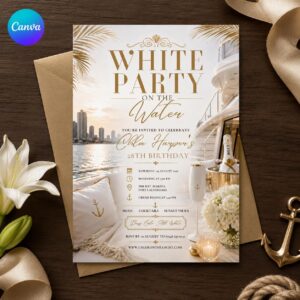 All White Yacht Party Invitation, Elegant 28th Birthday Cruise Invite, Luxury Gold Editable Printable Canva Template
