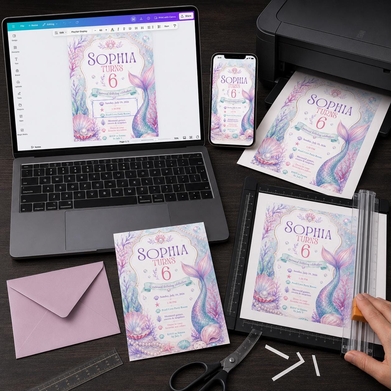 Mermaid 6th Birthday Invitation, Pastel Under the Sea Pearl Ocean Party for Girls, Editable Printable Canva Template - Image 5