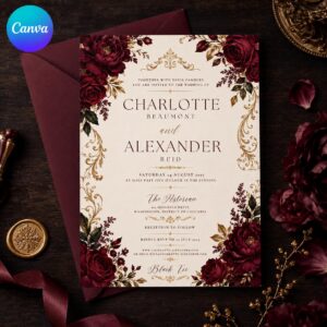 Burgundy Wedding Invitation, Black Tie Floral Old Money Wedding, Elegant Editable Printable Canva Template