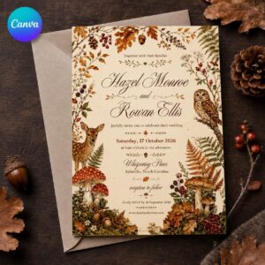 Autumn Woodland Wedding Invitation, Forest Deer Owl Mushroom Fall Wedding, Editable Printable Canva Template