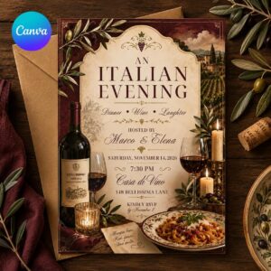 Italian Dinner Party Invitation, Tuscany Wine Pasta Night Adult Celebration, Editable Printable Canva Template