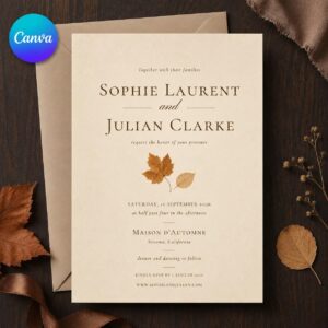 Minimalist Fall Wedding Invitation, Autumn Maple Leaf Elegant Ceremony, Editable Printable Canva Template