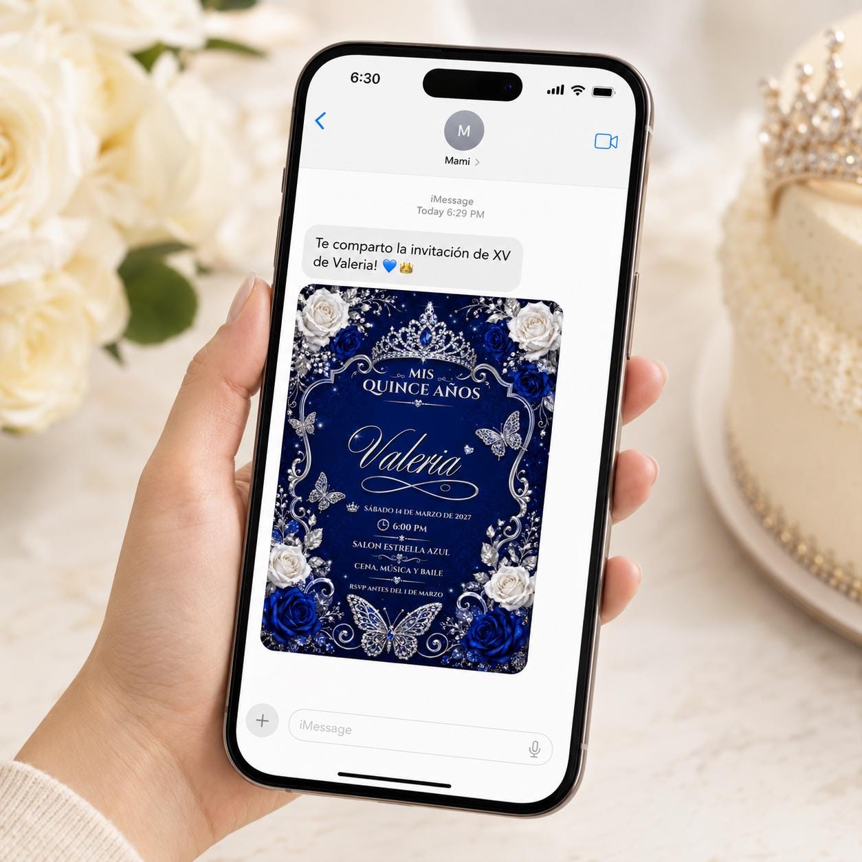Royal Blue Quinceanera Invitation, Silver Butterfly Crown Mis Quince Anos, Editable Printable Canva Template - Image 4