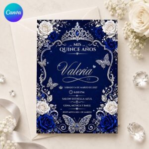 Royal Blue Quinceanera Invitation, Silver Butterfly Crown Mis Quince Anos, Editable Printable Canva Template