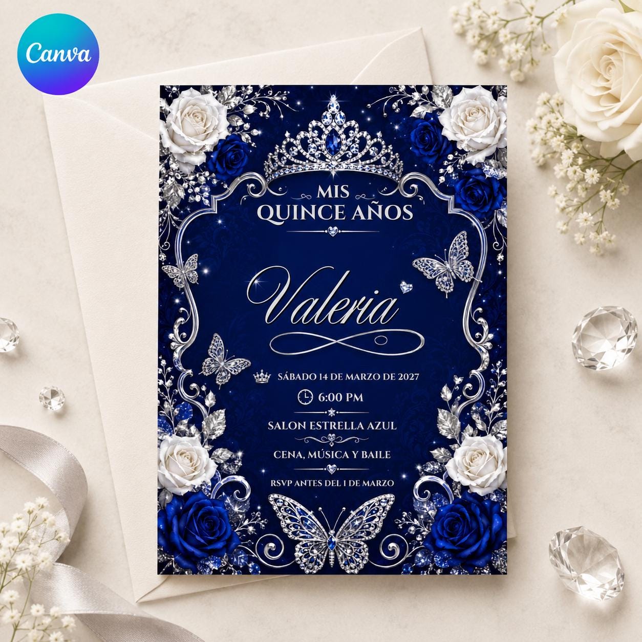 Royal Blue Quinceanera Invitation, Silver Butterfly Crown Mis Quince Anos, Editable Printable Canva Template