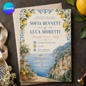 Amalfi Coast Wedding Invitation, Italian Lemon Destination Wedding, Mediterranean Printable Editable Canva Template