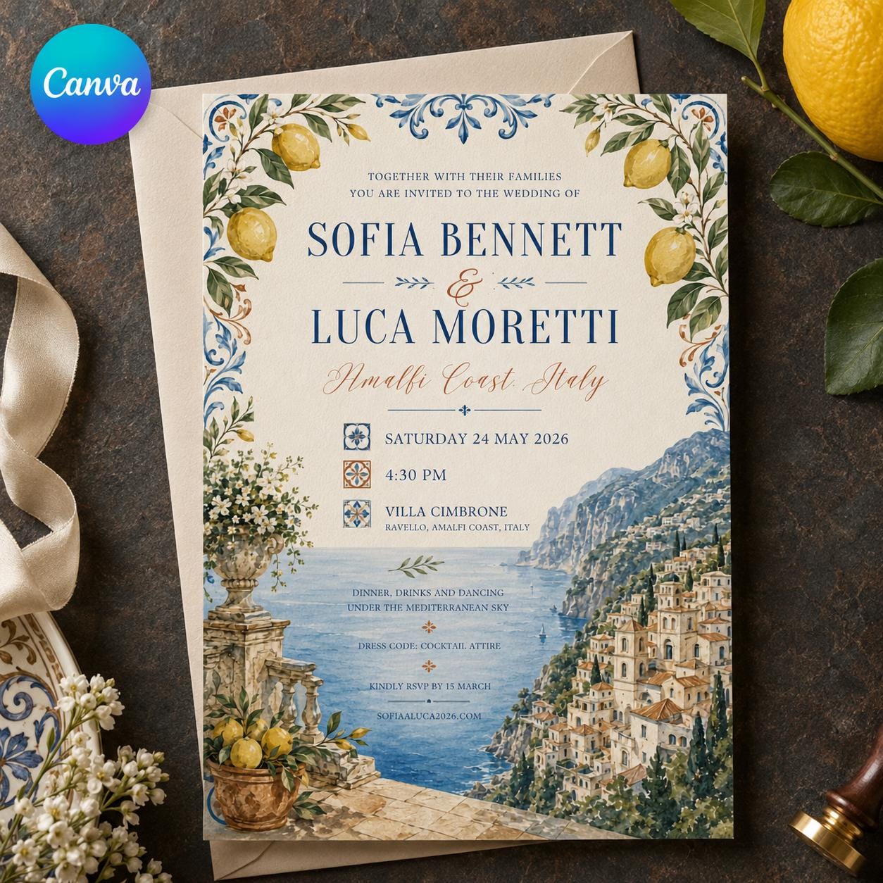 Amalfi Coast Wedding Invitation, Italian Lemon Destination Wedding, Mediterranean Printable Editable Canva Template
