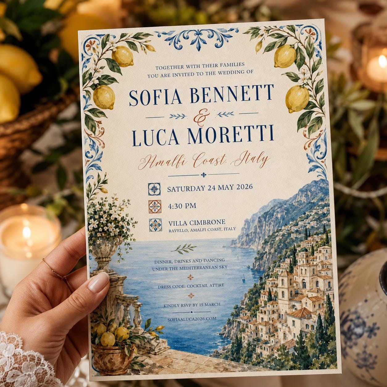 Amalfi Coast Wedding Invitation, Italian Lemon Destination Wedding, Mediterranean Printable Editable Canva Template - Image 4