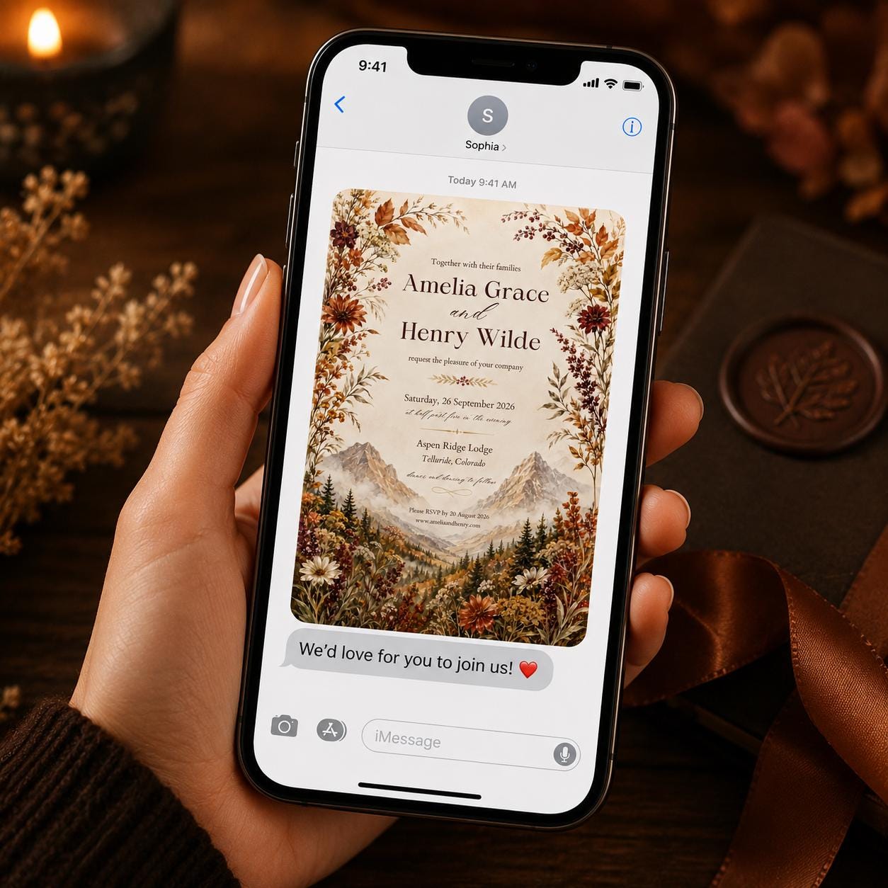 Fall Mountain Wedding Invitation, Autumn Wildflower Colorado Lodge, Rustic Printable Editable Canva Template - Image 3