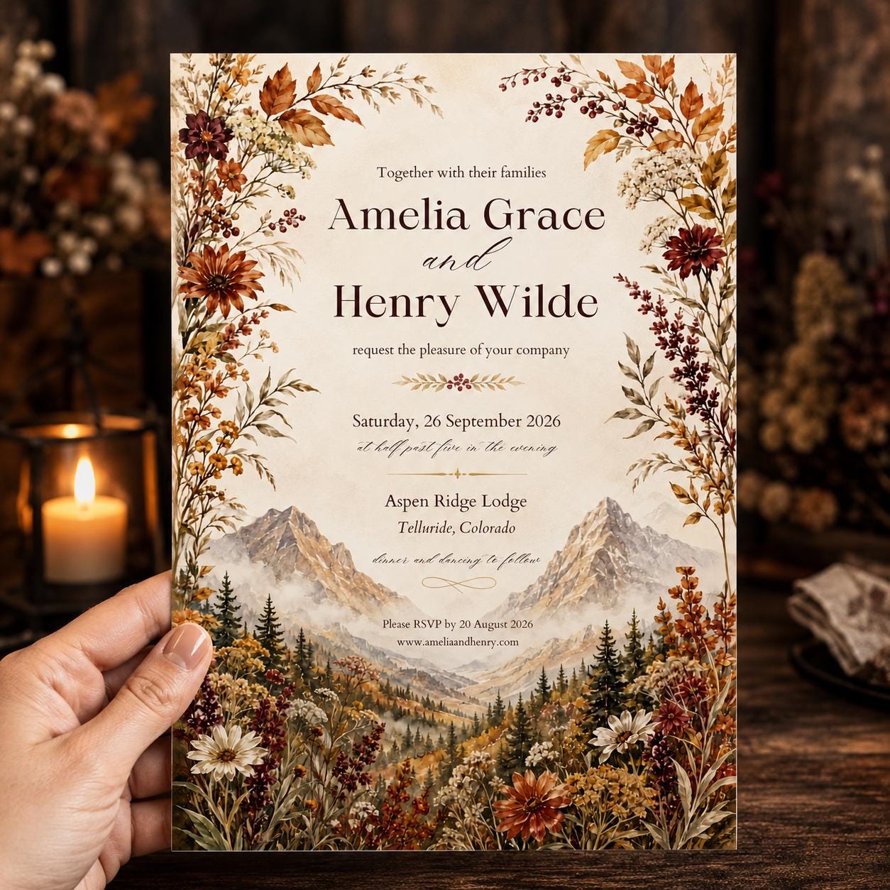 Fall Mountain Wedding Invitation, Autumn Wildflower Colorado Lodge, Rustic Printable Editable Canva Template - Image 4
