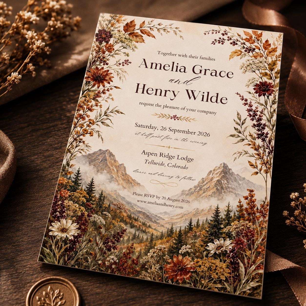Fall Mountain Wedding Invitation, Autumn Wildflower Colorado Lodge, Rustic Printable Editable Canva Template - Image 6