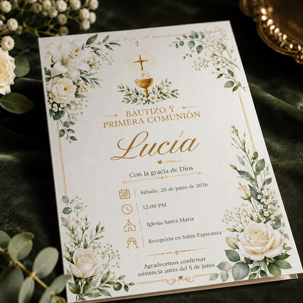 Bautizo y Primera Comunión Invitation, Spanish Baptism and First Communion, White Floral Editable Canva Template - Image 3