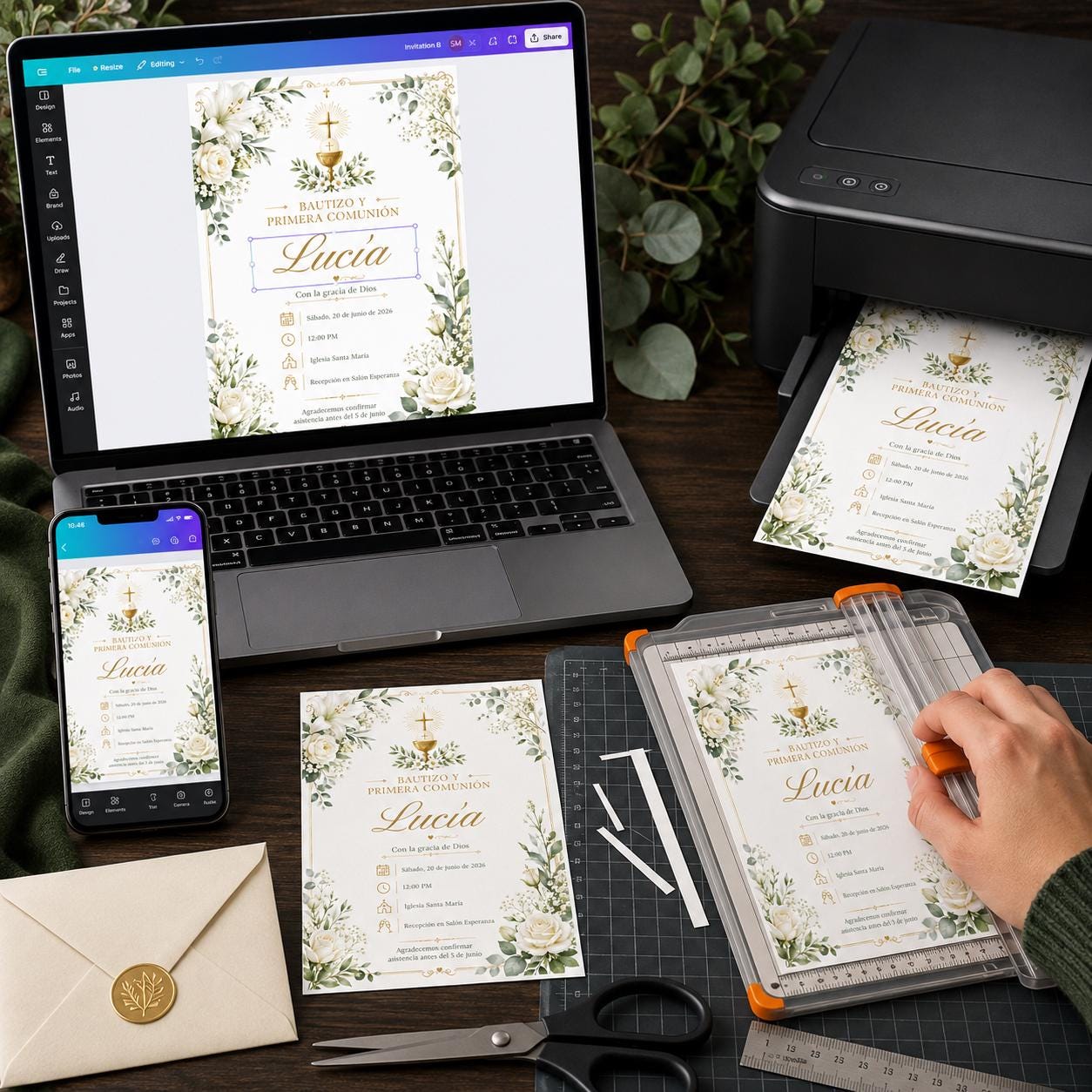 Bautizo y Primera Comunión Invitation, Spanish Baptism and First Communion, White Floral Editable Canva Template - Image 5