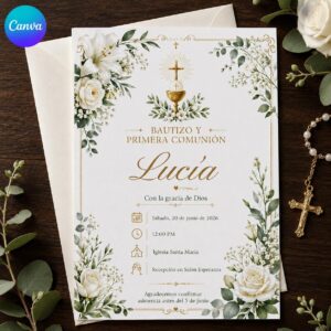Bautizo y Primera Comunión Invitation, Spanish Baptism and First Communion, White Floral Editable Canva Template