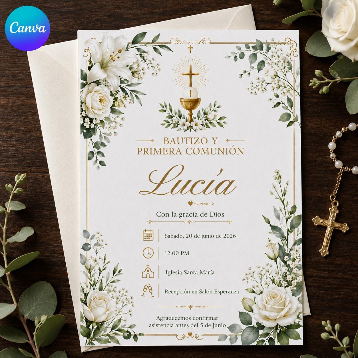 Bautizo y Primera Comunión Invitation, Spanish Baptism and First Communion, White Floral Editable Canva Template