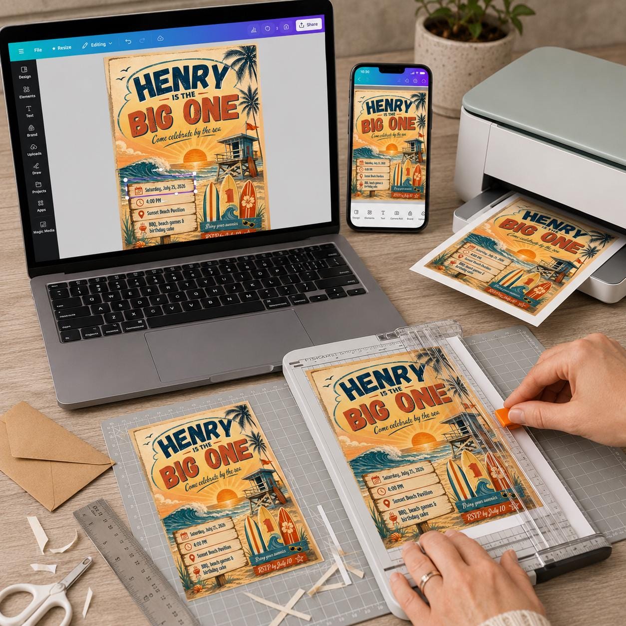 The Big One First Birthday Invitation, Retro Surf Beach Party for Boys, Editable Printable Canva Template - Image 3