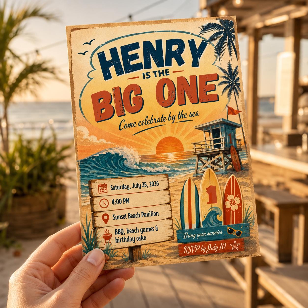 The Big One First Birthday Invitation, Retro Surf Beach Party for Boys, Editable Printable Canva Template - Image 6