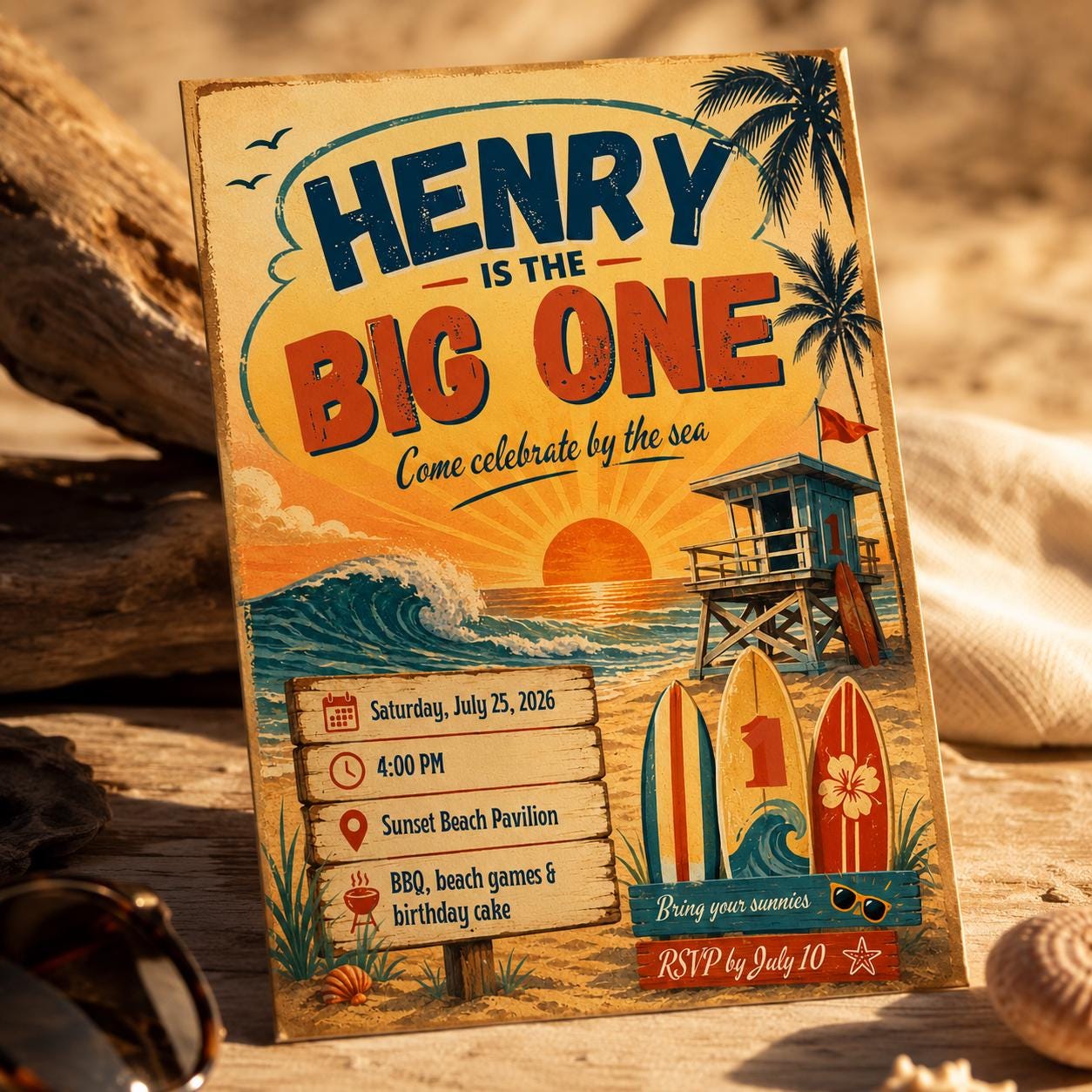 The Big One First Birthday Invitation, Retro Surf Beach Party for Boys, Editable Printable Canva Template - Image 4