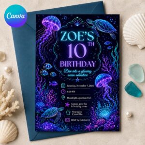 Neon Under the Sea Birthday Invitation, Glow Ocean 10th Birthday Jellyfish Party, Editable Canva Template