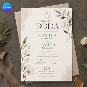 Spanish Wedding Invitation, Minimalist Botanical Greenery Ceremony in Spanish, Editable Printable Canva Template