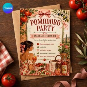 Pomodoro Party Invitation, Italian Garden Picnic 21st Birthday, Tomato Girl Editable Printable Canva Template