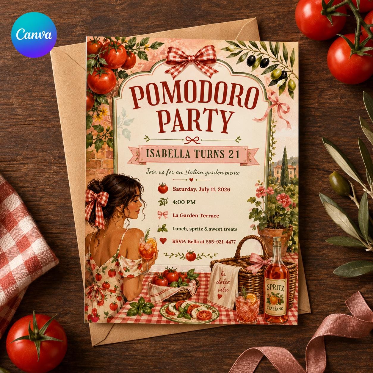 Pomodoro Party Invitation, Italian Garden Picnic 21st Birthday, Tomato Girl Editable Printable Canva Template
