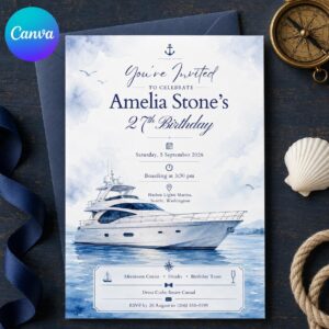 Yacht Birthday Invitation, Watercolor Boat Cruise 27th Birthday Party, Nautical Editable Printable Canva Template