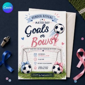 Soccer Gender Reveal Invitation, Goals or Bows Pink Blue Match Day Party, Editable Printable Canva Template