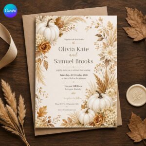 Fall Pumpkin Wedding Invitation, Neutral Autumn Floral Barn Ceremony, Elegant Editable Printable Canva Template