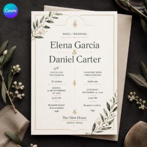 Bilingual Wedding Invitation, Spanish English Minimalist Floral Invite, Editable Printable Canva Template