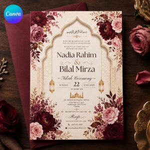 Burgundy Nikah Invitation, Blush Floral Muslim Wedding Ceremony, Elegant Editable Printable Canva Template