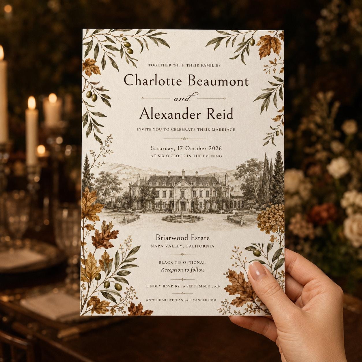 Fall Wedding Invitation, Autumn Estate Venue Illustration, Olive Branch Elegant Editable Printable Canva Template - Image 4