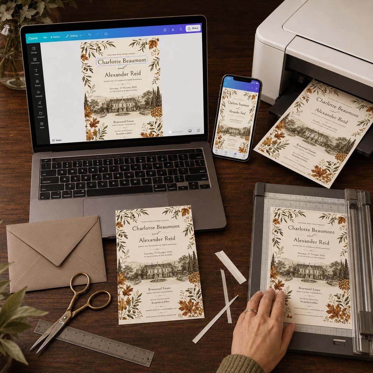 Fall Wedding Invitation, Autumn Estate Venue Illustration, Olive Branch Elegant Editable Printable Canva Template - Image 5