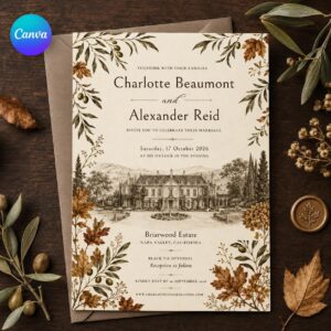 Fall Wedding Invitation, Autumn Estate Venue Illustration, Olive Branch Elegant Editable Printable Canva Template