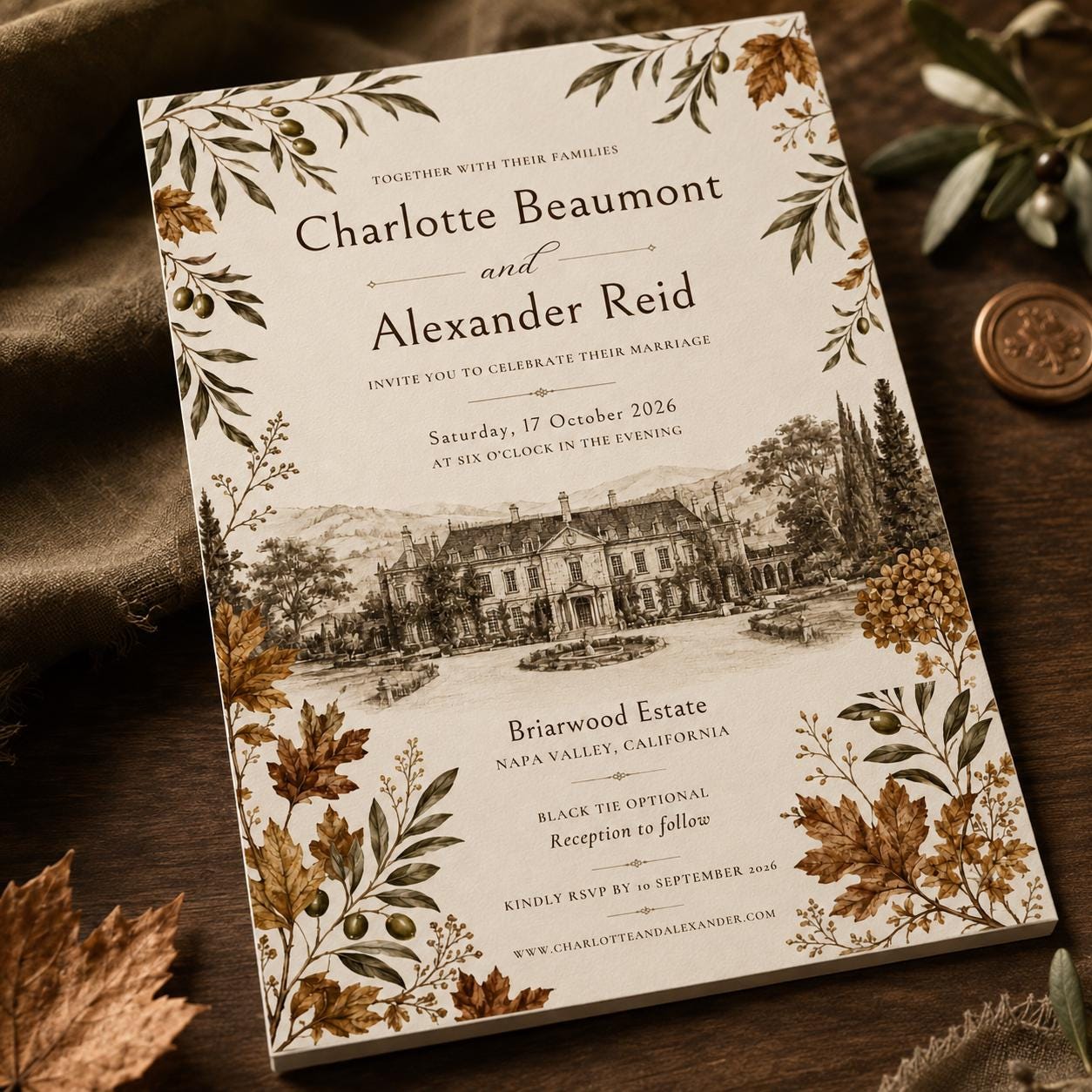 Fall Wedding Invitation, Autumn Estate Venue Illustration, Olive Branch Elegant Editable Printable Canva Template - Image 6