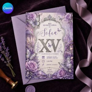 Lavender Quinceanera Invitation, Purple Butterfly Princess Mis Quince Años, Editable Printable Canva Template