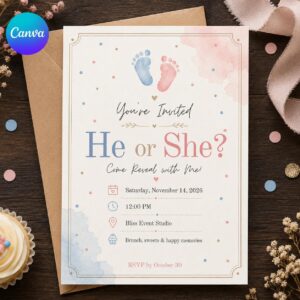 Gender Reveal Invitation, He or She Pink Blue Footprint Baby Party, Watercolor Editable Printable Canva Template
