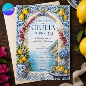 Italian 30th Birthday Invitation, Amalfi Coast Lemon Party, Blue Tile Ciao Bella Editable Printable Canva Template