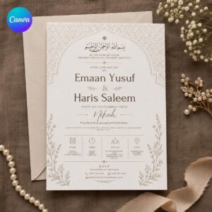 Nikah Invitation Template, Ivory Gold Islamic Wedding Card, Minimalist Arabic Arch Editable Printable Canva Template
