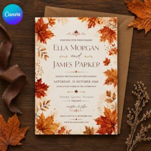 Fall Wedding Invitation, Watercolor Maple Leaf Autumn Ceremony, Rustic Vermont Editable Printable Canva Template
