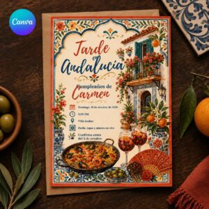 Spanish Birthday Invitation, Andalusia Paella and Sangria Fiesta, Adult Dinner Party Editable Canva Template