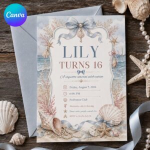 Coastal Sweet 16 Invitation, Coquette Seashell Bow Birthday Party for Teen Girl, Editable Canva Template