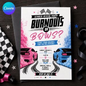 Burnouts or Bows Gender Reveal Invitation, Race Car Baby Reveal Party, Pink Blue Smoke Editable Canva Template