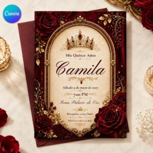 Burgundy Quinceañera Invitation, Red Rose Gold Crown Mis Quince Años Party, Editable Printable Canva Template