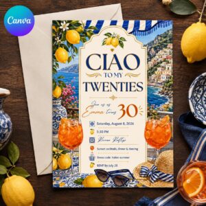 Amalfi Coast 30th Birthday Invitation, Ciao to My Twenties Italian Lemon Party, Editable Canva Template