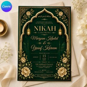 Emerald Green Nikah Invitation, Gold Floral Muslim Wedding Ceremony, Luxury Editable Digital Canva Template